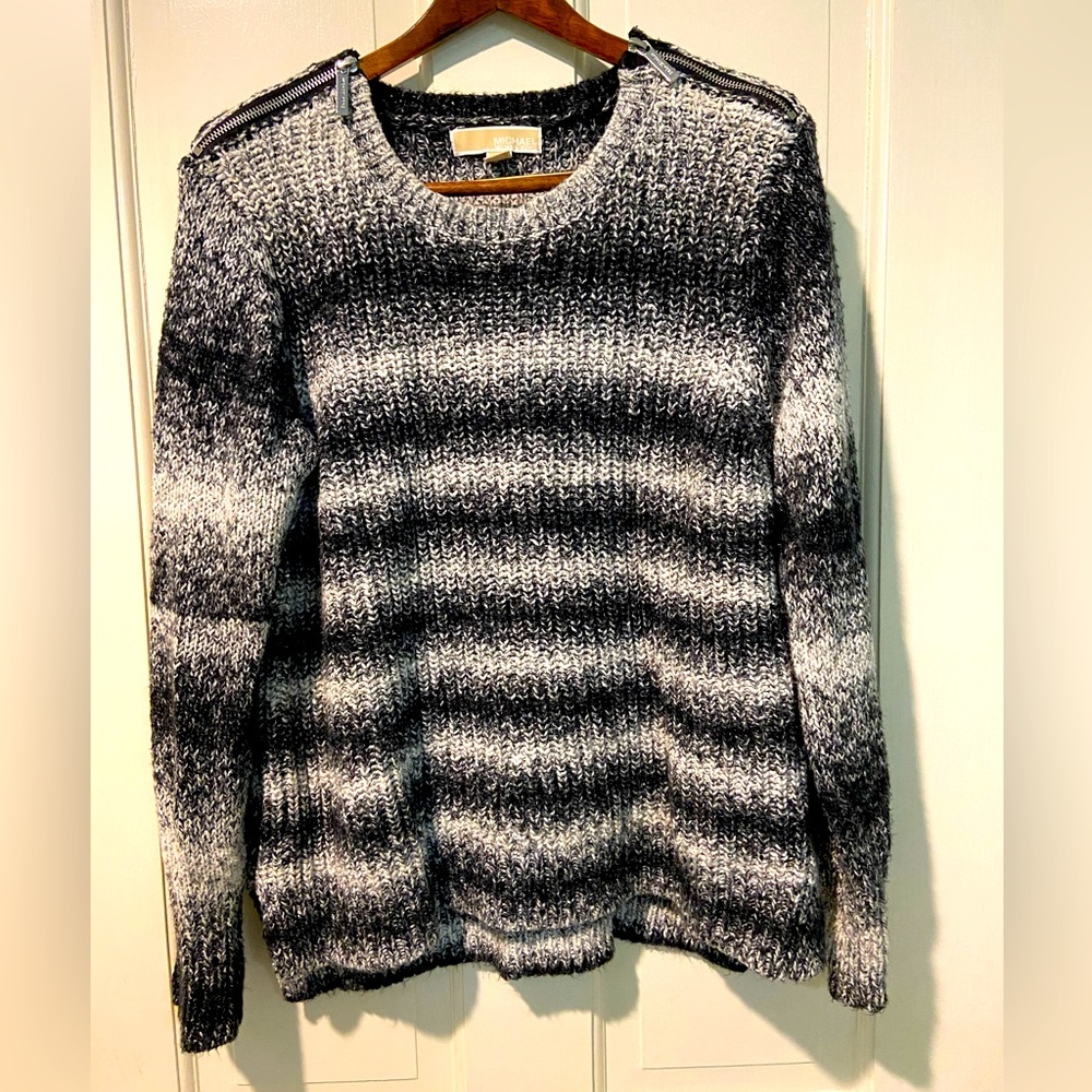 Michael Kors Striped Knit Sweater With Zippered Shoulders